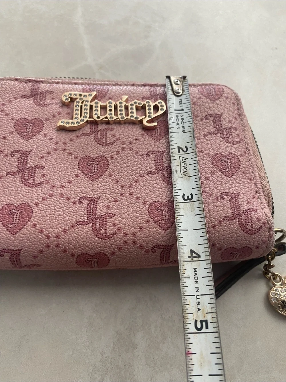 Juicy Couture Dusty Rose Logo Heart Zip Wallet with Gold Accents
